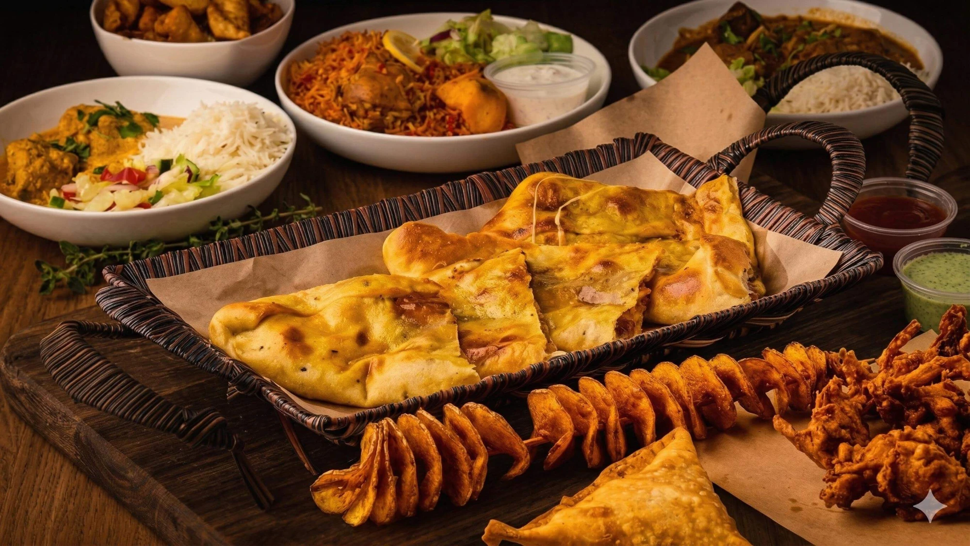 Biryani, curry, nan, samosa og pakora dekket utover et bord