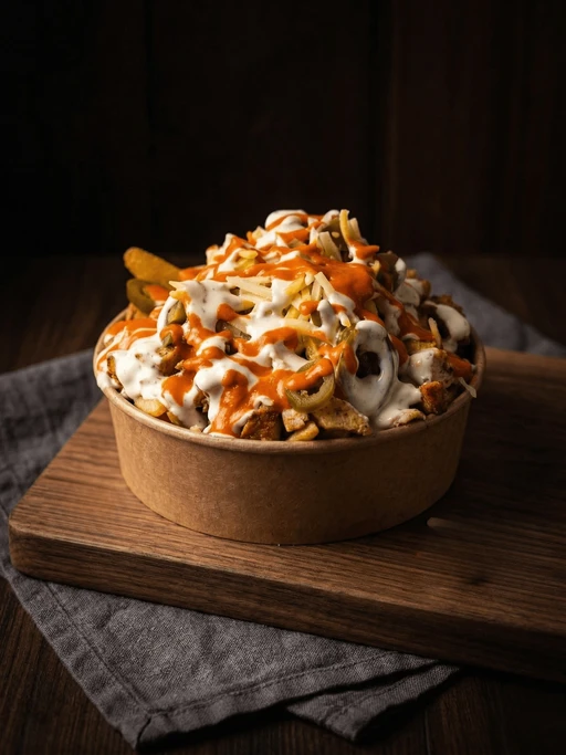 Loaded fries med kjøtt, ost, jalapeños og sauser