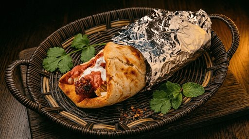 Paratha rull pakket i folie, servert i kurv